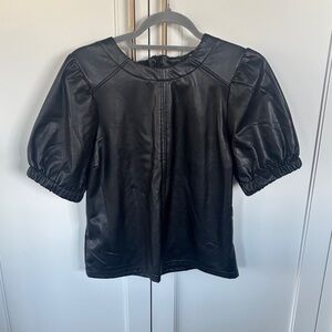 7 For All Mankind Black Leather Puff Sleeve Blouse
